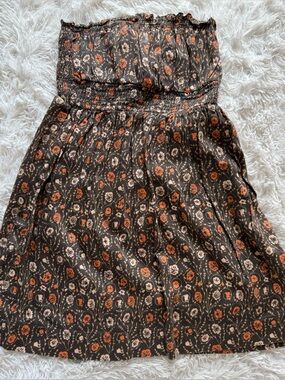 Free People Strapless Floral Dress in Brown with Orange & Cream Flowers